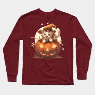 Kawaii cat witch on a halloween pumpkin Long Sleeve T-Shirt